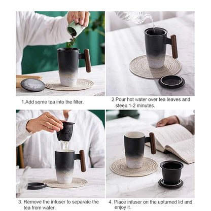 Vintage Luxury Ceramic Bubble Tea Cup with Wooden Handle - Large Thermal Coffee Mug and Personalized Tableware Gift
