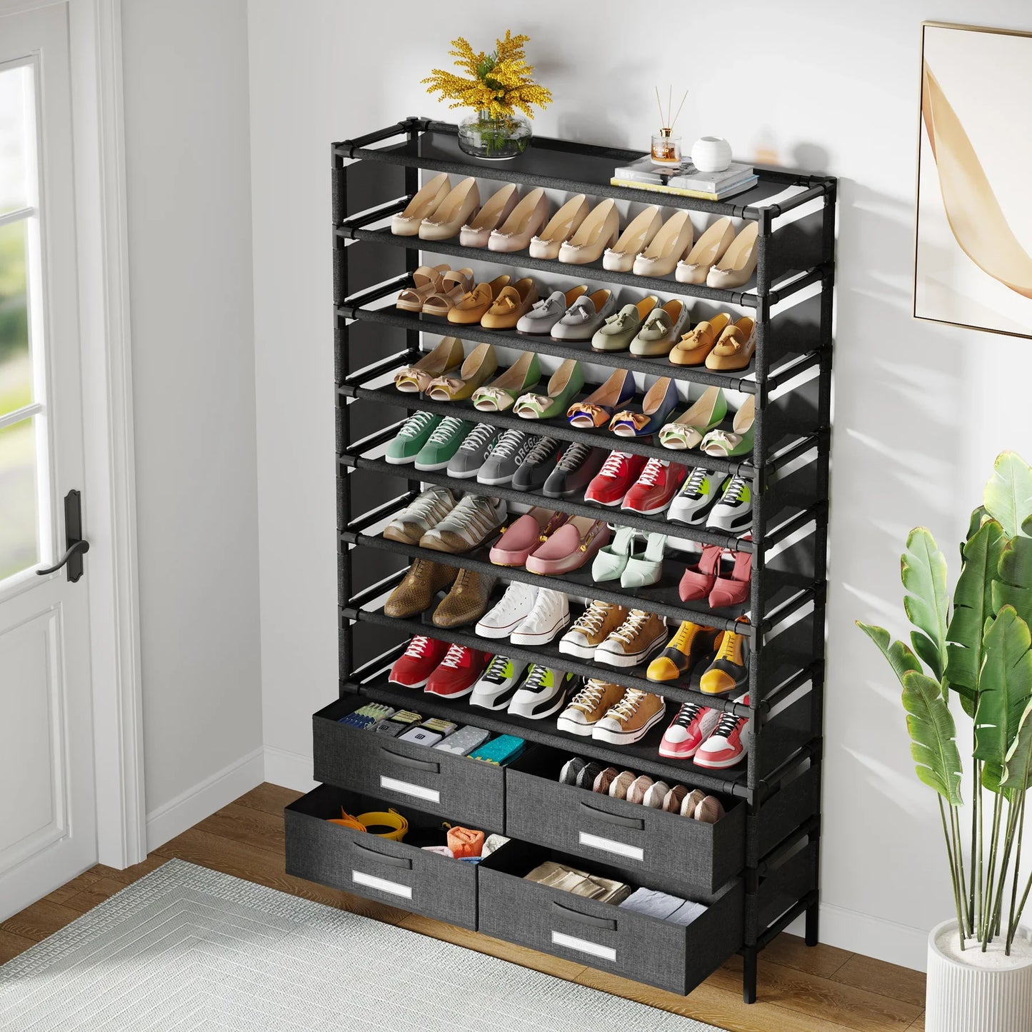 Tribesigns 10-Tier Shoe Rack Organizer – Vertical Shoe Shelf with 4 Drawer Bins, Holds 32 Pairs for Closet & Entryway