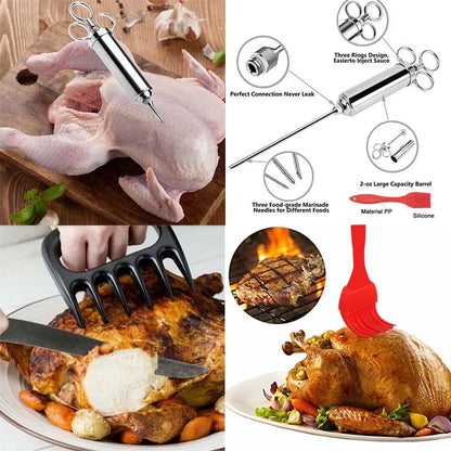Marinade Meat Seasoning Injector Kit - Stainless Steel Turkey Meat Injectors with 3 Needles - Cooking Syringe for Flavorful Meals