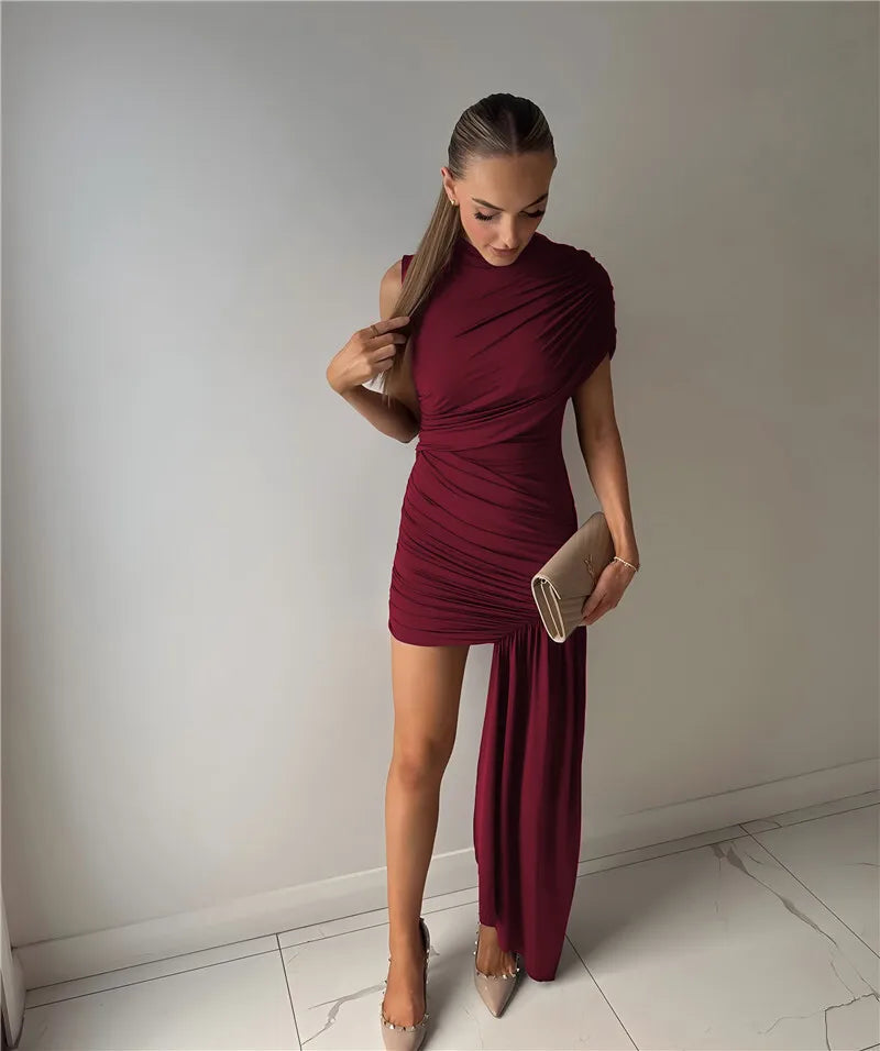 Balitops Summer Draped Ruched Mini Dress – 2025 Irregular High Waist Slim Fit Elegant Club Tank Dress for Women