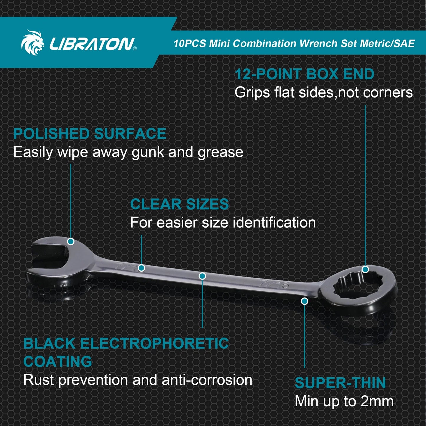 LIBRATON 10-Piece Mini Combination Wrench Set with Rolling Pouch – Metric & SAE Carbon Steel 4-11mm / 5/32"-7/16"