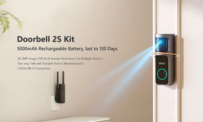 IMOU Video Doorbell 2S – 5000mAh Rechargeable Battery, 30° Pan Lens, Human Detection, Two-Way Talk, Waterproof, 100% Wire-Free with Chime