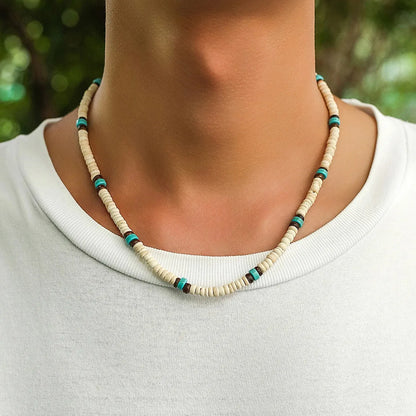 Men’s Summer Beach Wooden Bead Necklace – Handmade Tribal Surfer Jewelry with Geometric Steampunk Design