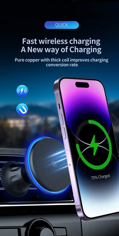 30W RGB Magnetic Car Wireless Charger – Fast Charging Stand Mount for iPhone 12-15 Pro Max, MagSafe Compatible