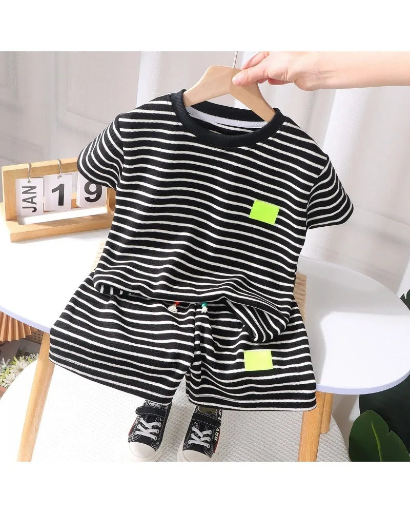 2PCS Kids Summer Outfit – Cotton Short Sleeve Tee & Shorts Set for Boys, Black & White Stripe
