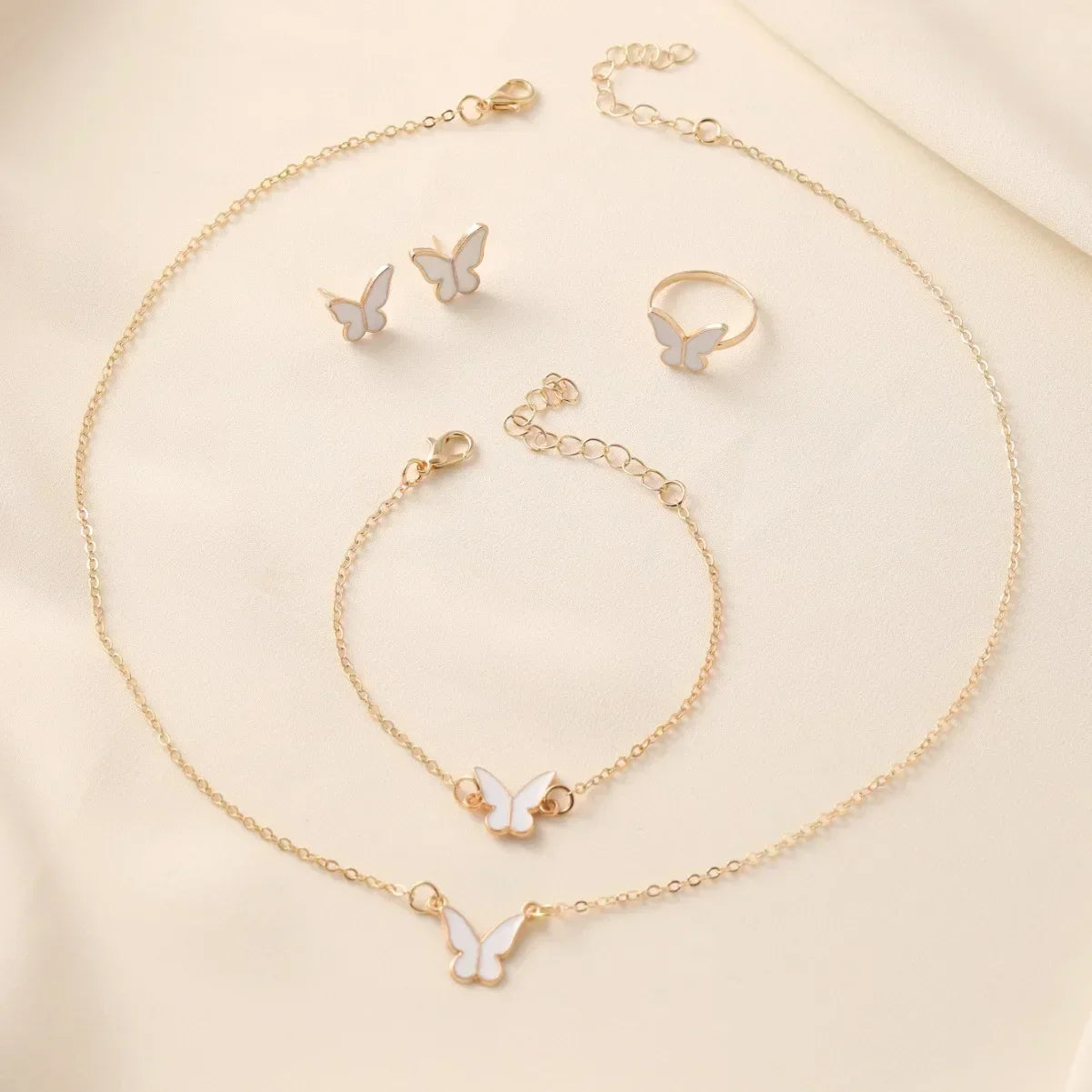 White Butterfly Drop Glazed Necklace – Exquisite Simple Fashion Collarbone Chain Jewelry Set with Earrings and Rings