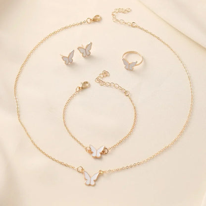 White Butterfly Drop Glazed Necklace – Exquisite Simple Fashion Collarbone Chain Jewelry Set with Earrings and Rings
