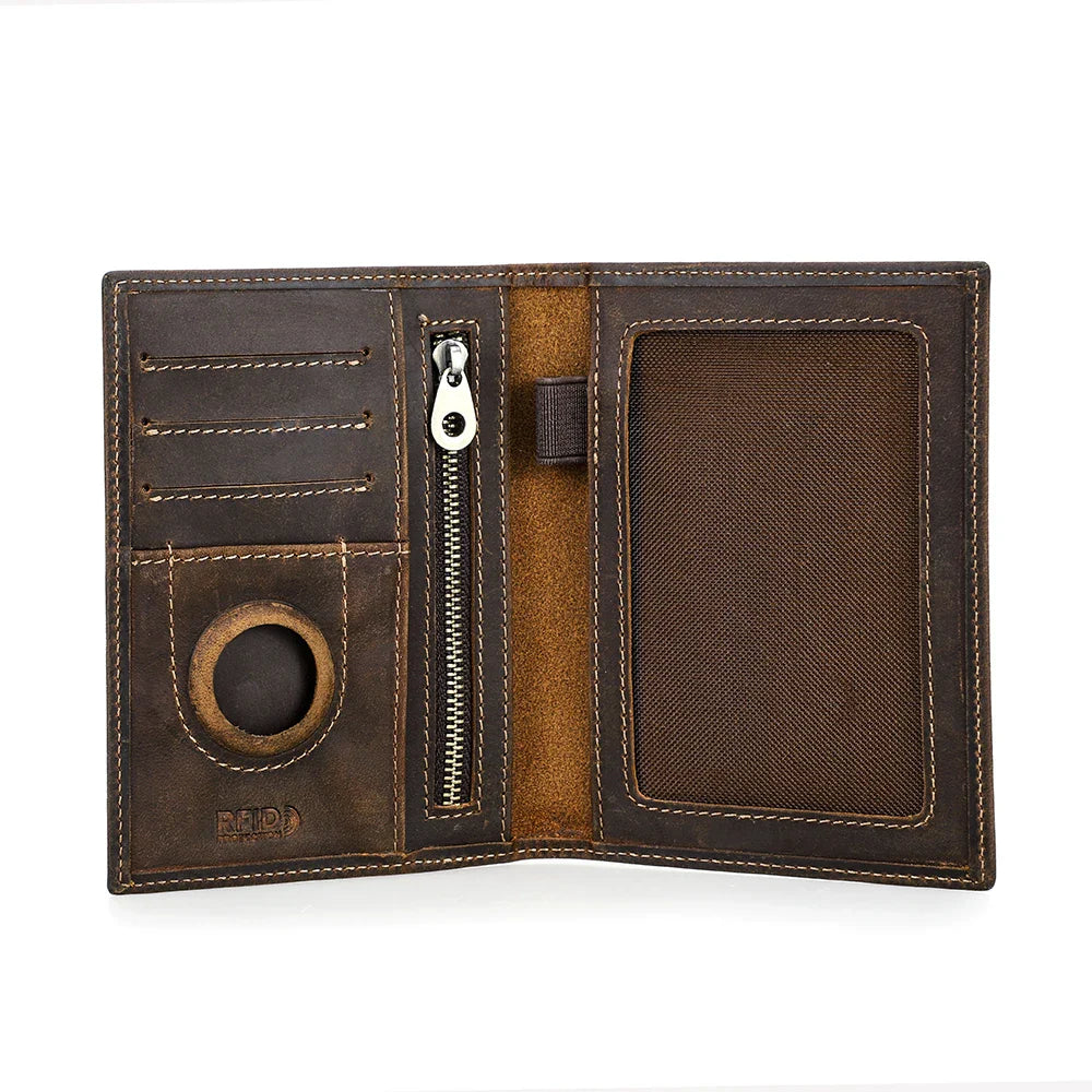 Genuine Cow Leather Passport Holder with AirTag Case – RFID Blocking Travel Wallet with Pen, Card Holder & Anti-Lost Pocket