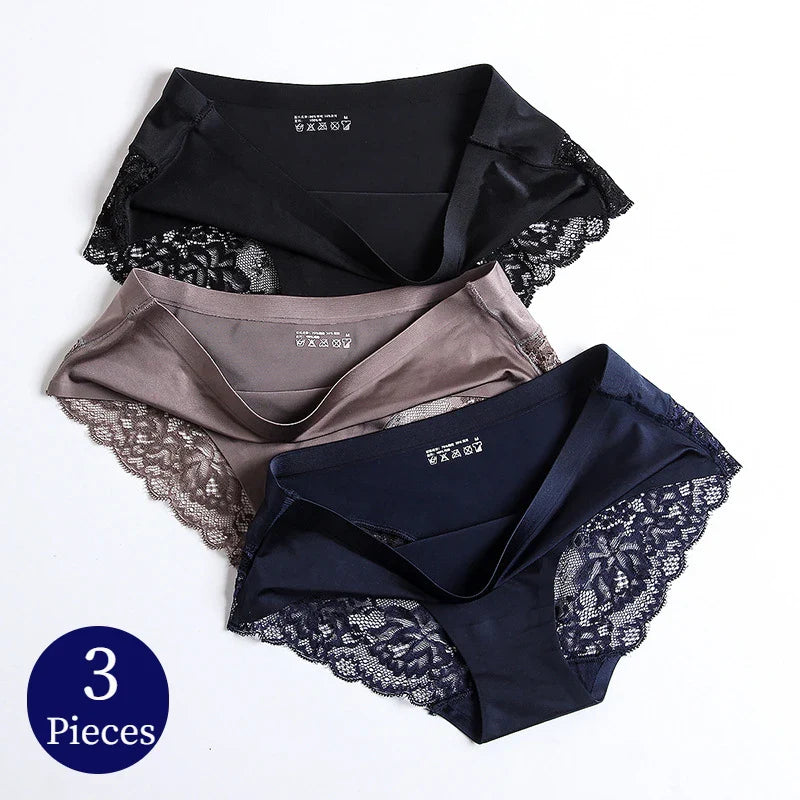 WHPC 3PCS/Set Lace Women's Panties: Big Size 4XL Silk Satin Briefs - Soft Cozy Underwear, Breathable Sexy Lingerie