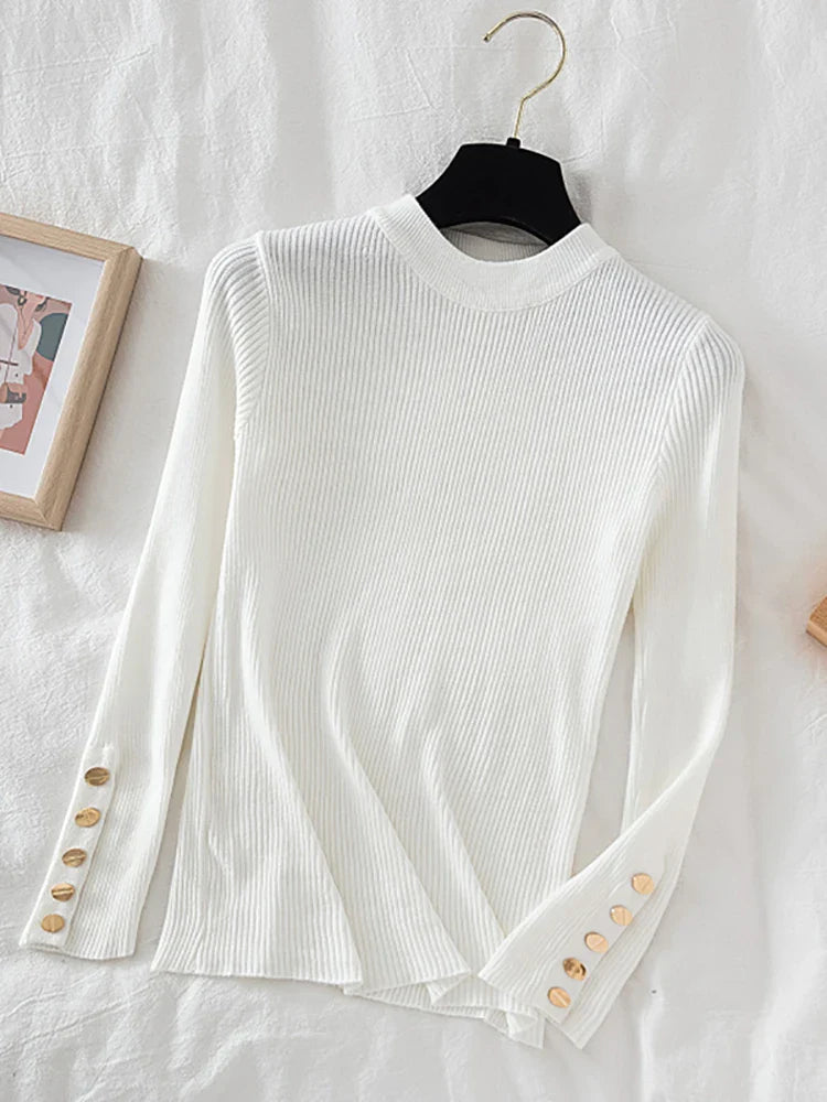 2024 Women's Thick Knit Sweater - Casual Autumn/Winter Pullovers in Khaki with Button Detail, O-Neck Chic Slim Fit Jumper Top