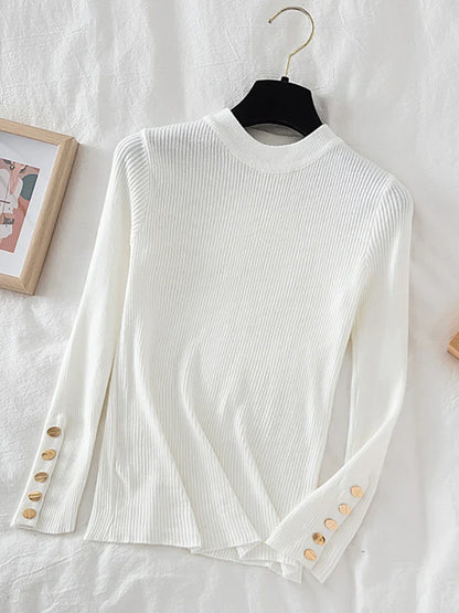 2024 Women's Thick Knit Sweater - Casual Autumn/Winter Pullovers in Khaki with Button Detail, O-Neck Chic Slim Fit Jumper Top