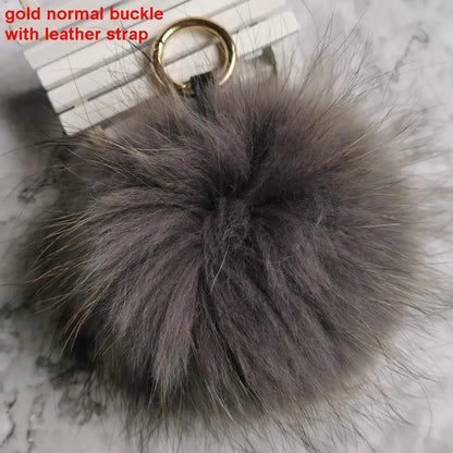 Luxury 15cm Fluffy Real Raccoon Fur Pom Pom Keychain – High-Quality Metal Ring Pendant for Women