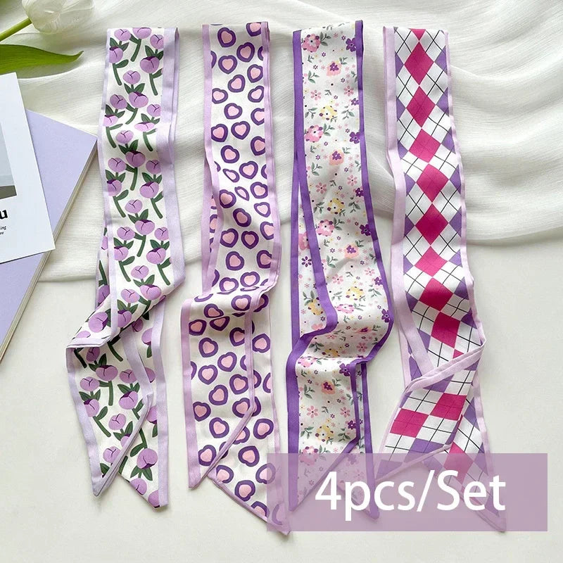 4pcs Silk Satin Scarves for Women – Hair Bands, Neck Ties & Bag Accessories