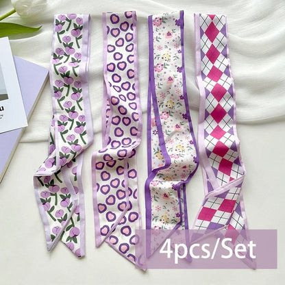 4pcs Silk Satin Scarves for Women – Hair Bands, Neck Ties & Bag Accessories