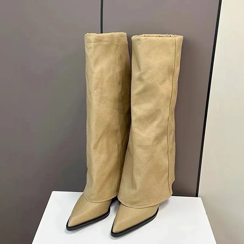 Khaki Wide Knee-High Women’s Boots – Pointed Toe Winter Shoes with Low Dwarf Heel