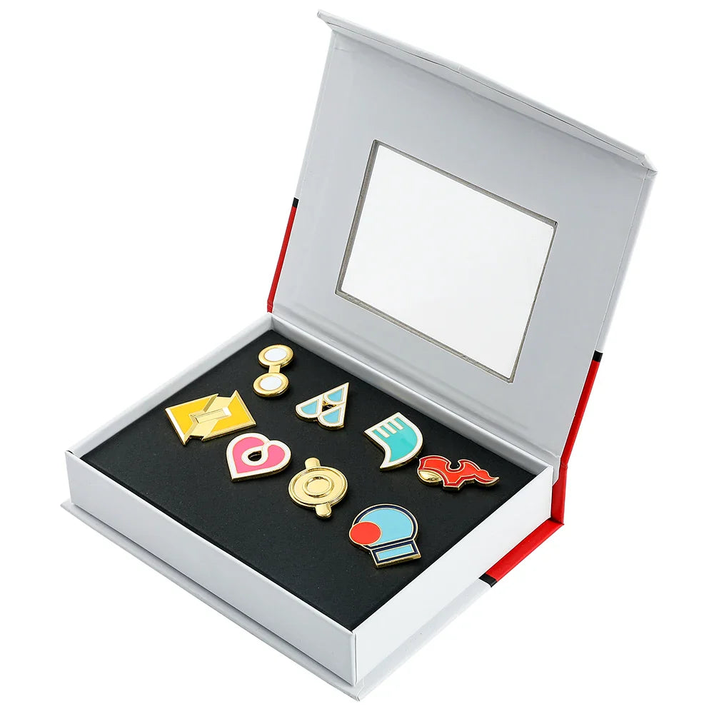 Anime League Gym Badge Set – Metal Brooches from Sinnoh, Johto, Hoenn & Indigo with Pikachu & Squirtle Figure Toys