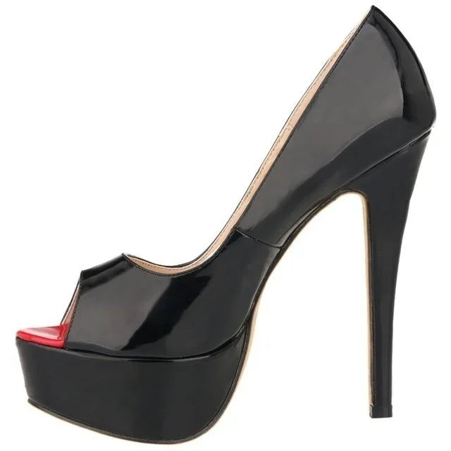 Women’s Sexy Platform Peep Toe Pumps – 14cm Stiletto Patent Leather High Heels for Party & Wedding