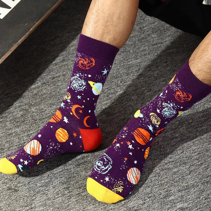 5-Pair Combed Cotton Novelty Crew Socks - Funny Skateboard Casual Socks for Men & Women