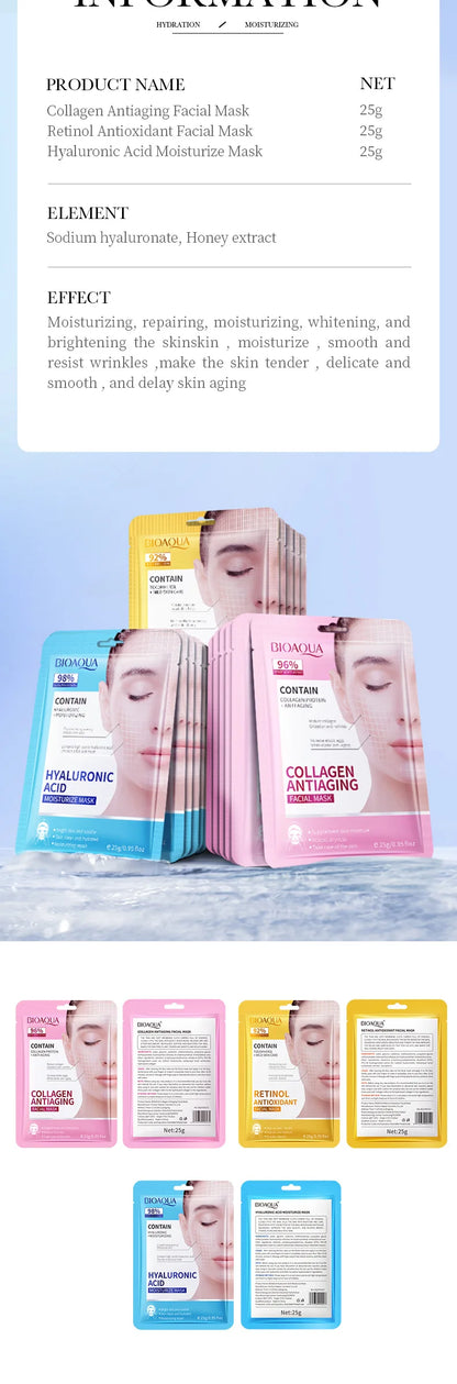 15PCS BIOAQUA Retinol Collagen Face Masks – Firming, Hydrating, Brightening & Moisturizing Skincare
