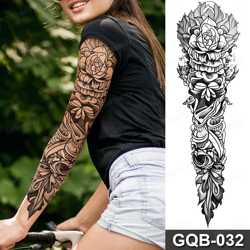 Full Arm Dragon Skull Tattoo Sleeve - Waterproof Temporary Body Art Sticker with Clock Compass Flower Design for Men & Women