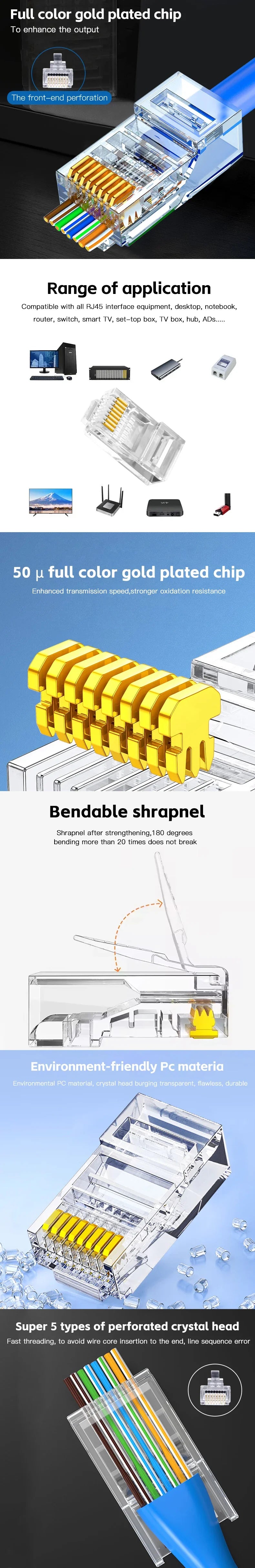 50PCS Cat6 RJ45 Connectors – Unshielded Network Cable Crystal Heads for Ethernet Cable Assembly
