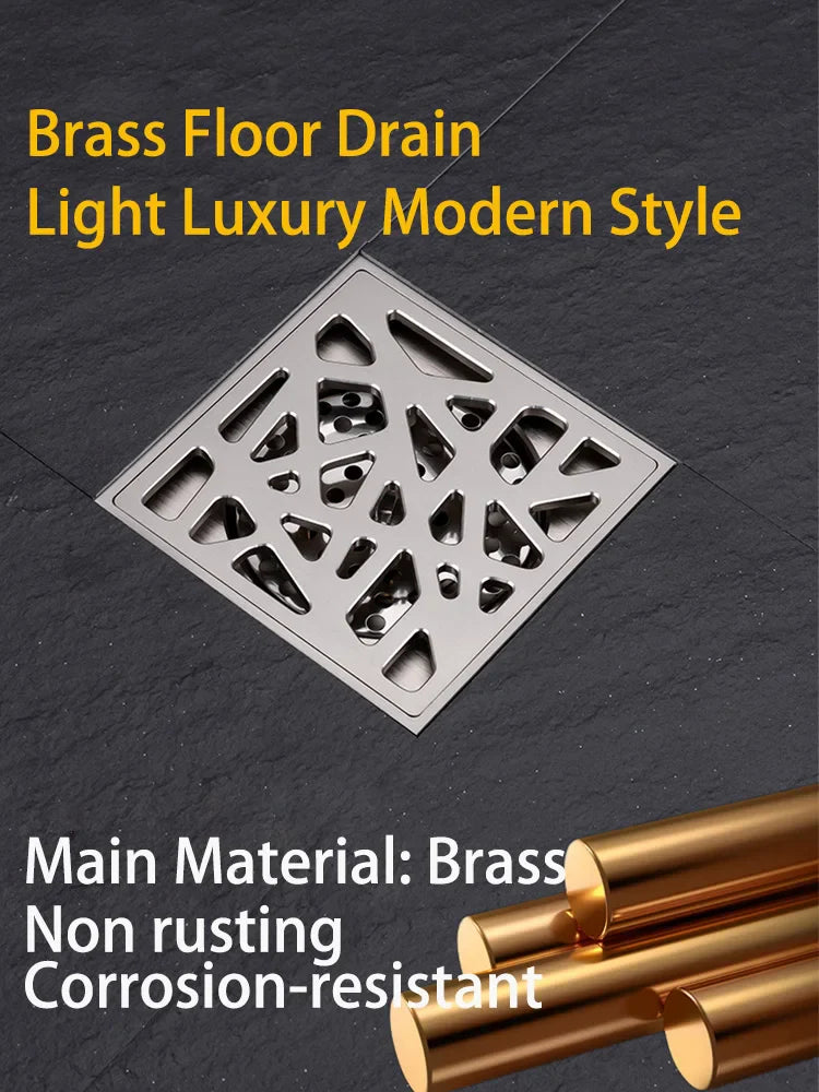 Luxury Brass Floor Drain — 10x10CM Carved Anti-Odor & Insect-Proof Drain for Shower, Bathroom & Balcony