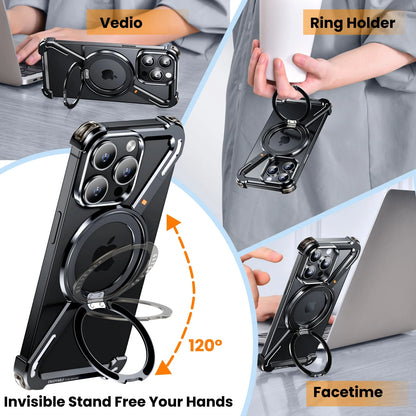 Oatsbasf Z Shape Metal Phone Case for iPhone 15/16 Pro Max – Shockproof Cover with 360° Rotating Holder & Bumper Protection