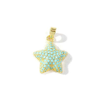 Blue Cubic Zirconia Ocean Charm Pendant Set – 18K Gold Plated Starfish, Mermaid & Conch DIY Necklace Jewelry