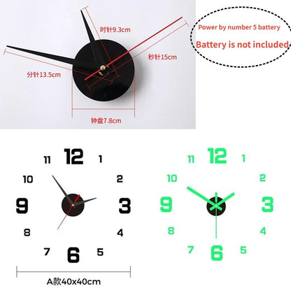 3D Luminous Wall Clock - Frameless Acrylic DIY Digital Clock Wall Stickers - Mute Clock for Living Room, Bedroom, Office Wall Decor