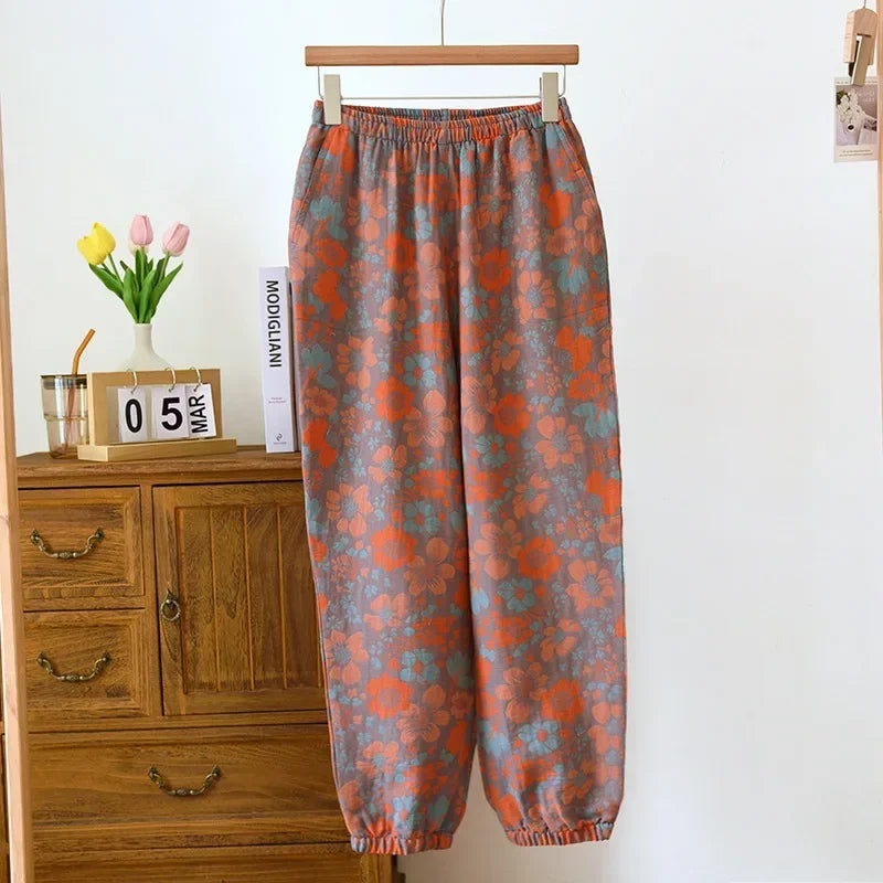 2025 Spring Summer Women's Pajama Pants – 100% Cotton Crepe Loose Fit Leaf Print Home Wear Bottoms