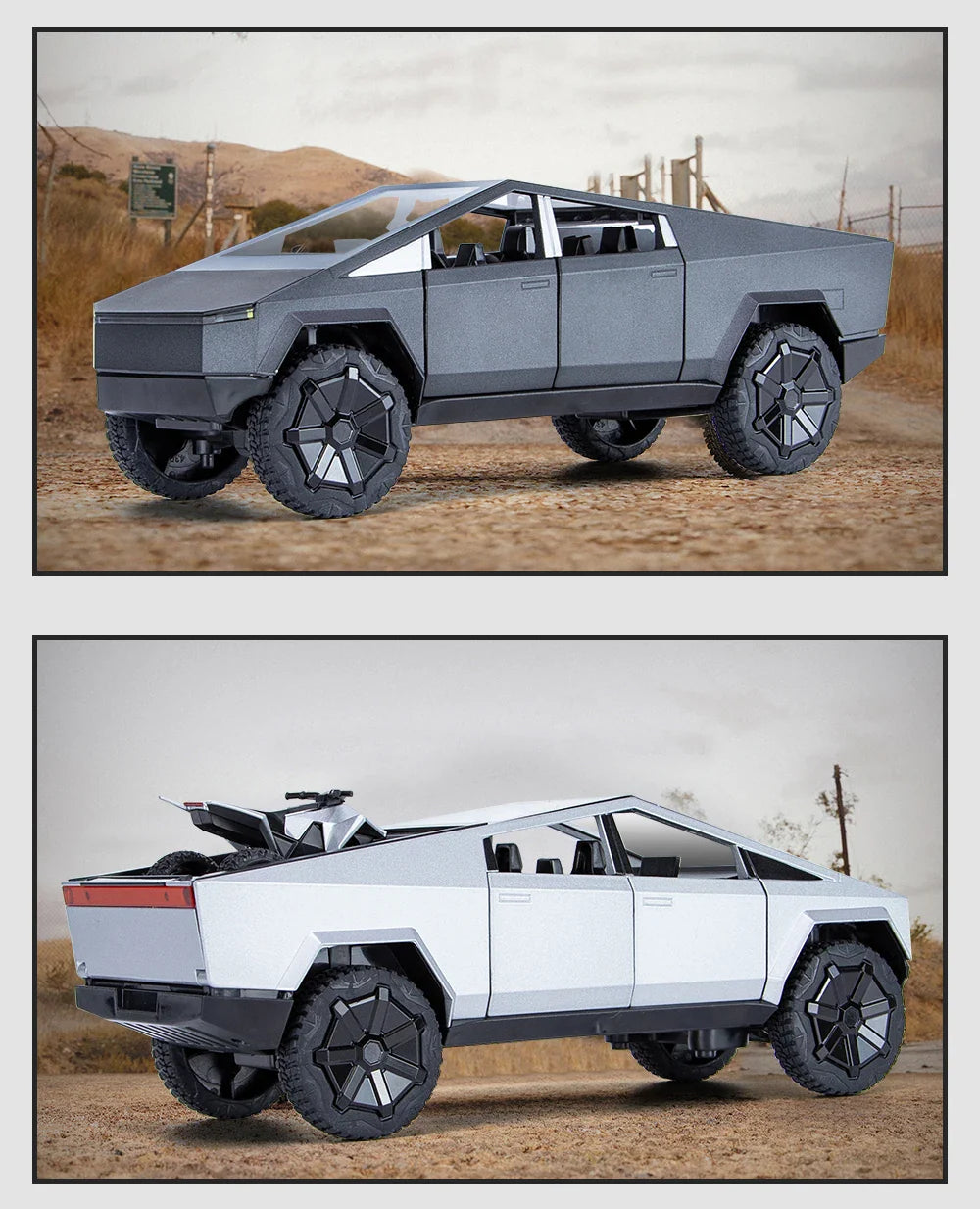 1:24 Cybertruck Model Silver Diecast Pickup Toy Car with Sound & Light for Kids 3+