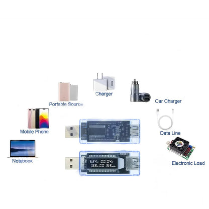 USB Battery Tester & Voltmeter - Transparent Blue Charger Meter for Mobile Power - Smart Home Portable Timing Test - V20 Compatible