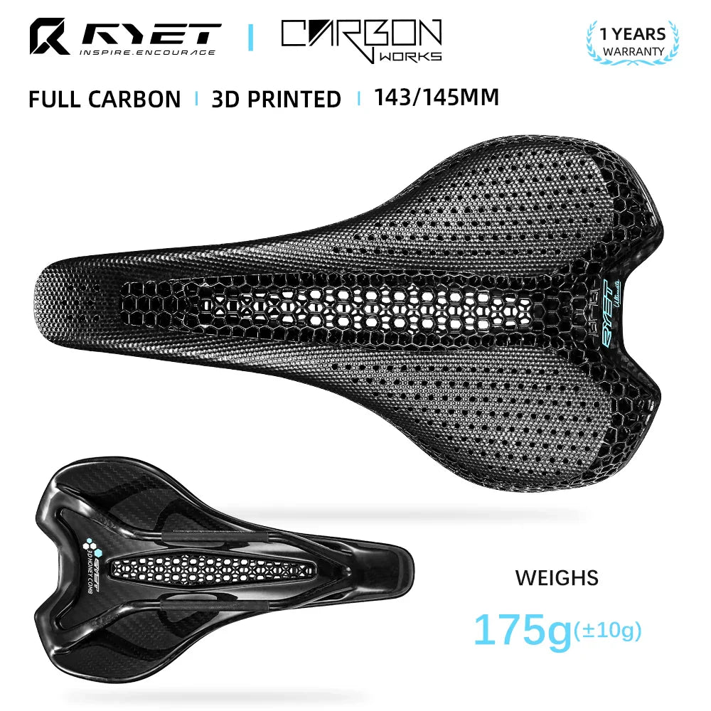 RYET Ultra Full Carbon 3D Printed Bike Saddle — 145mm Lightweight MTB Seat with High Modulus Carbon Fiber Base