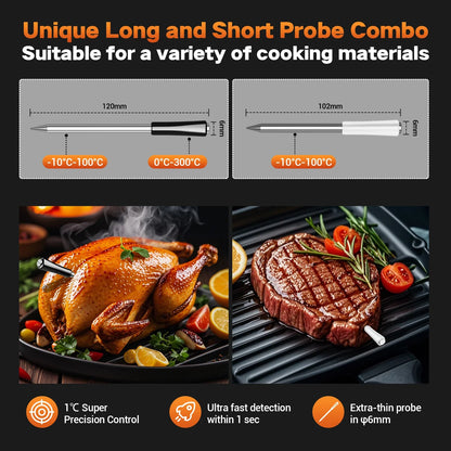 INKBIRD Dual-Mode Wireless Meat Thermometer – Long & Short Probe, Backlit LCD, IP67 Waterproof with BBQ Alarm