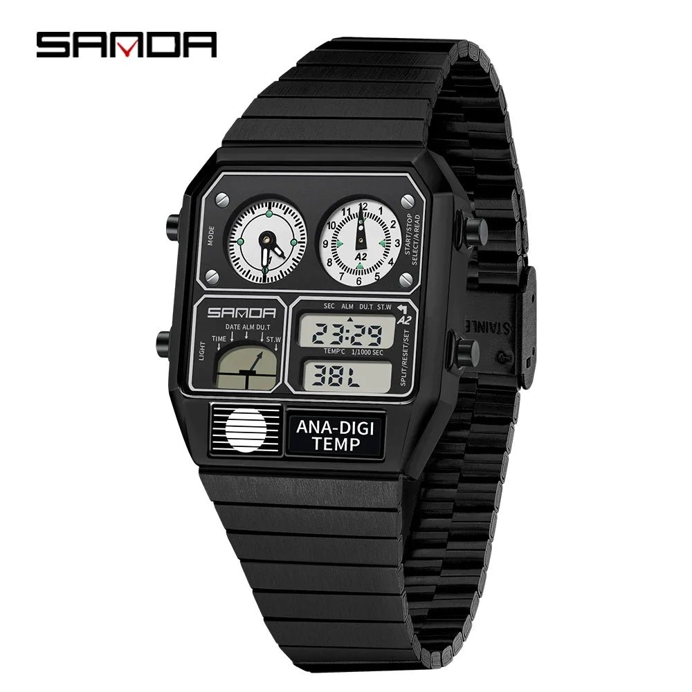 SANDA 3192 LED Electronic Men's Watch – Square Casual Multi-Function Thermometer Stopwatch Chronograph