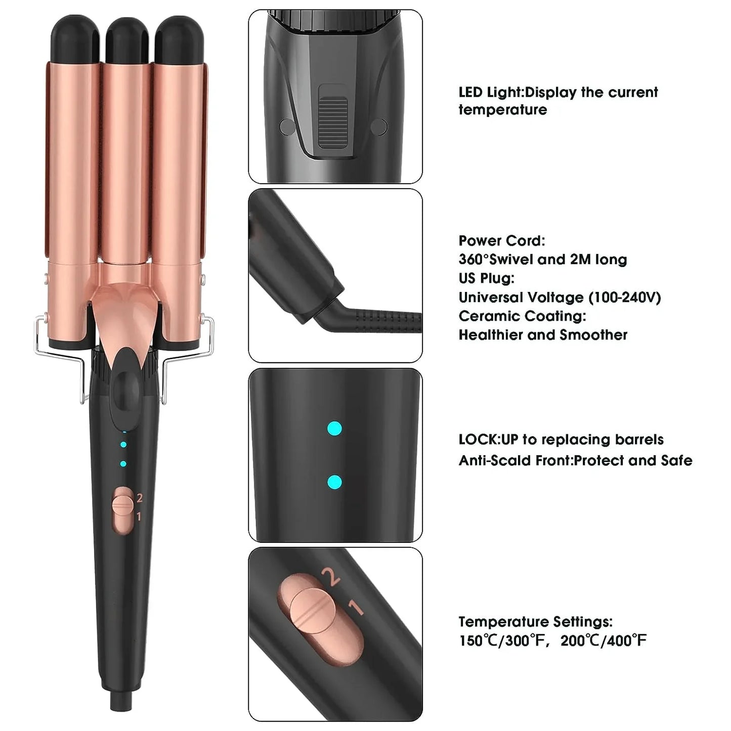 5 in 1 Hair Curler Wand Set with Curling Brush – 0.35” to 1.25” Curling Iron, Heat Resistant Glove & Hair Clips