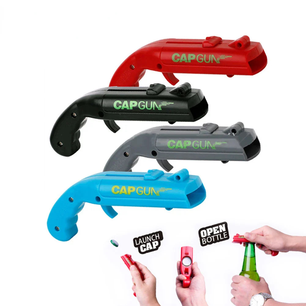 Portable Cap Gun Bottle Opener – Creative Flying Cap Launcher, Gun-Shaped Drink Opener for Beer, Red & Gray
