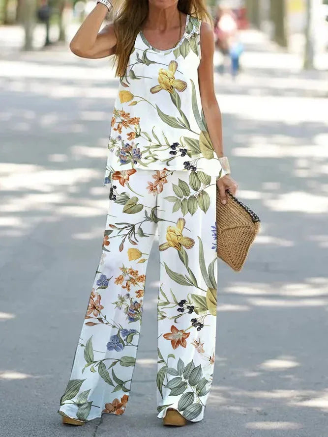 Women Printed 2-Piece Summer Suit Set – Sleeveless Round Neck Top & Wide Leg Pants Casual Loose Fit Outfit