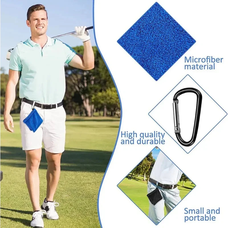 Square Microfiber Golf Ball Cleaning Towel – Water Absorbent Cloth with Carabiner Hook for Clubs and Balls