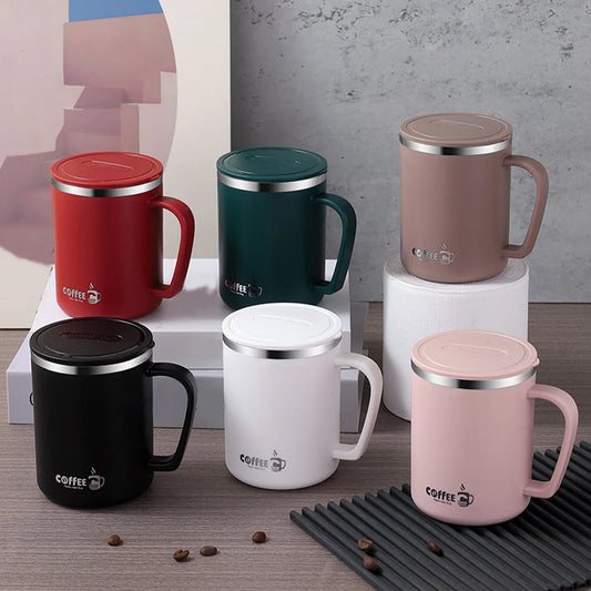 WORTHBUY 480ml Stainless Steel Insulated Coffee Mug – Double Layer Thermal Travel Cup with Lid, Handle & Leak-Proof Design