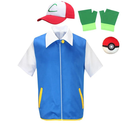 Cartoon Anime Ash Ketchum Trainer Blue Jacket Costume with Hat & Gloves for Kids Pokémon Go Cosplay Party