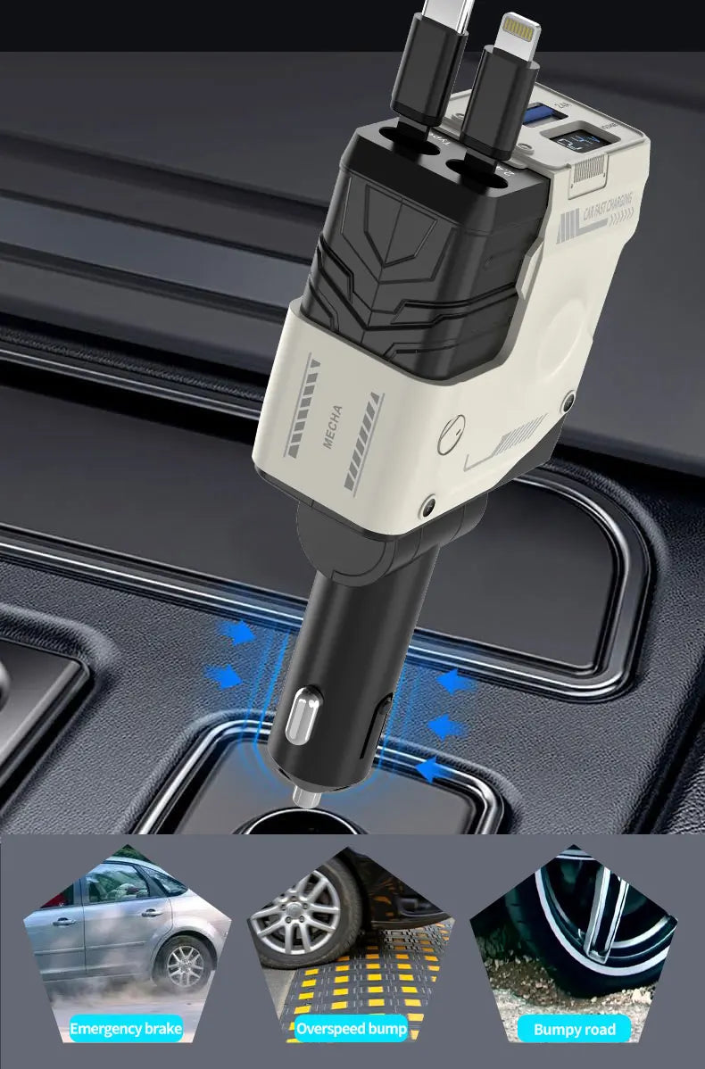 120W Car Charger | 4-in-1 Retractable Cigarette Lighter Adapter with USB Type-C Fast Charging Cable for iPhone & Android