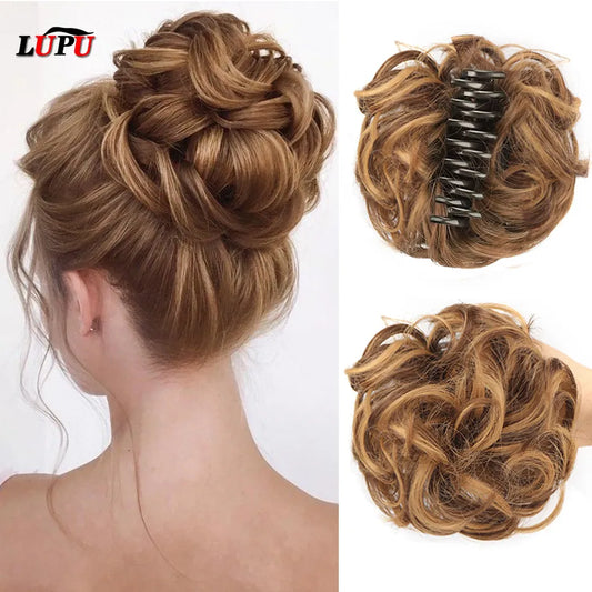 LUPU Synthetic Chignon Messy Bun Claw Clip - Wavy Curly Hair Piece for Women, Easy-to-Use Ponytail Extensions Scrunchie Hairpieces