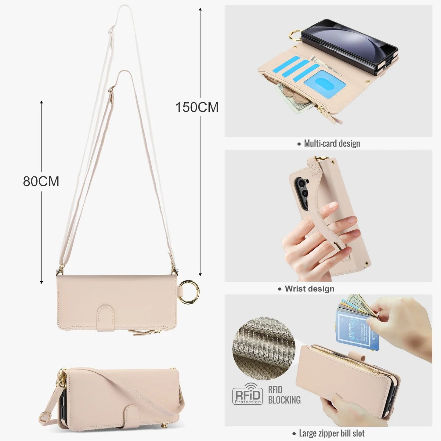 Crossbody Leather Wallet Case with Card Slots, Zipper & Kickstand for Samsung Galaxy Z Fold 3/4/5/6 – Wristband & Ring Holder