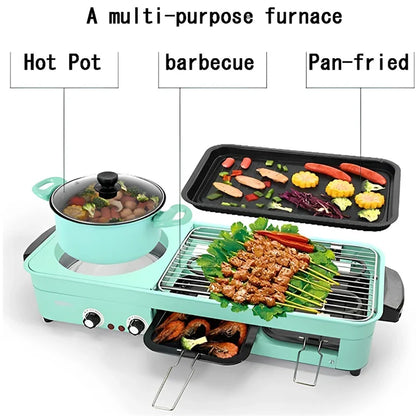 Multifunctional 3-in-1 Electric Grill — Smokeless Korean BBQ, Hot Pot & Non-Stick Baking Pan Multi-Cooker