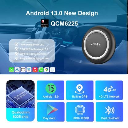 CarPlay TV Box Android 13 – Wireless Android Auto CarPlay Adapter Qualcomm 6225 8GB+128GB for Volvo, Benz, Audi, Kia, Hyundai, Mazda, VW