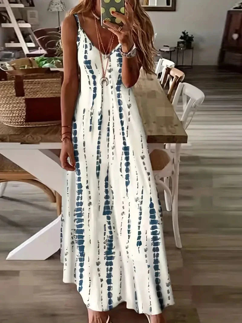 Women’s Casual Tie-Dye Maxi Dress – Loose V-Neck Spaghetti Strap Summer Beach & Vacation Long Dress
