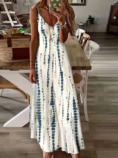 Women’s Casual Tie-Dye Maxi Dress – Loose V-Neck Spaghetti Strap Summer Beach & Vacation Long Dress