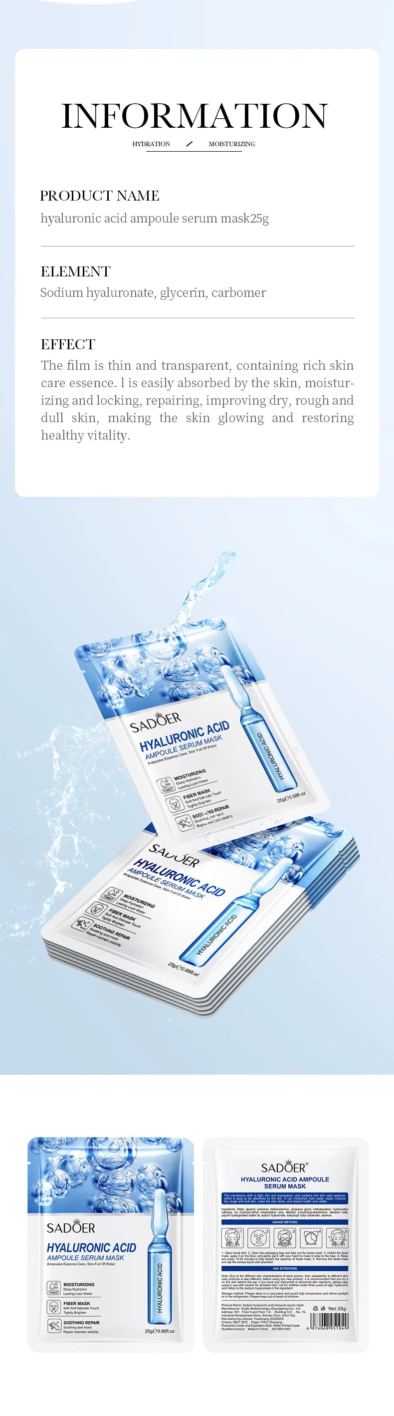 10pcs SAODER Hyaluronic Acid Face Masks – Hydrating, Moisturizing & Firming Skincare