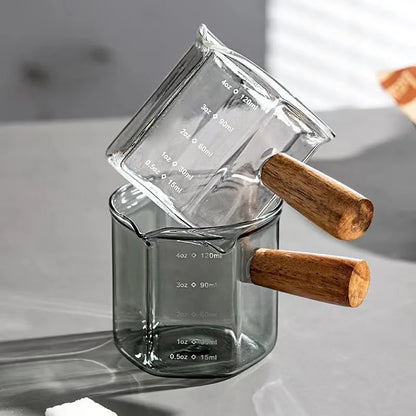 120ml Glass Espresso Measuring Cup with Wooden Handle — Hexagon Coffee Milk Jug & Sauce Pitcher